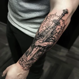 Arm Tattoo: Man Holding Sword Art