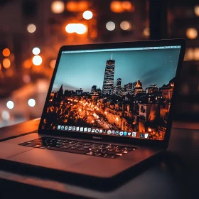 Urban Night View on Laptop with Blurred Lights