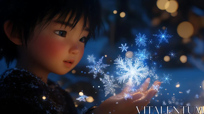 AI ART Child with Magical Snowflakes