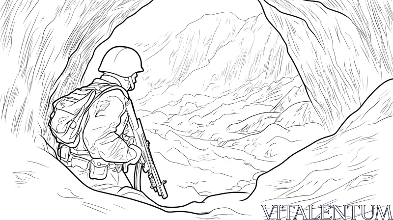 AI ART Cave Guard: Soldier in Mountain Landscape