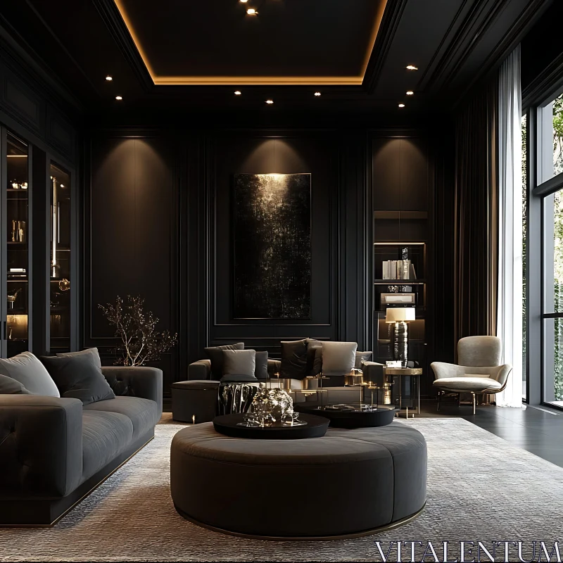 AI ART Elegant Black Themed Living Room Design