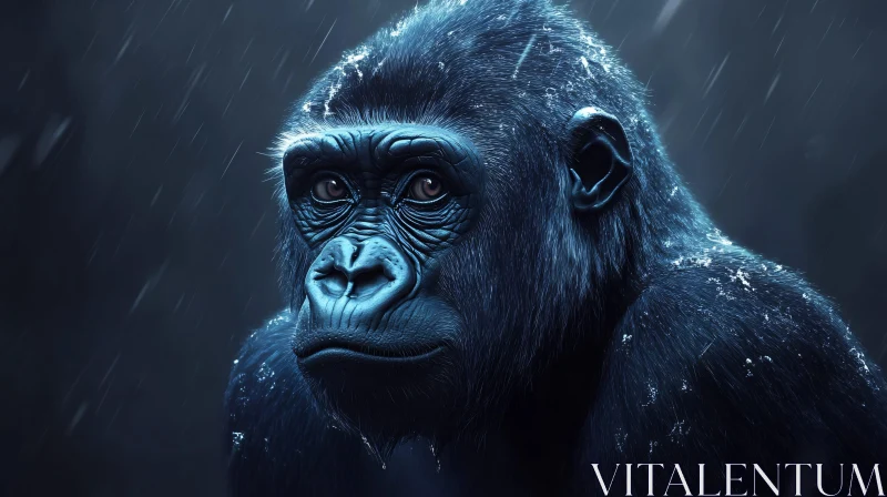 Gorilla in Rain - Blue Hues AI Image