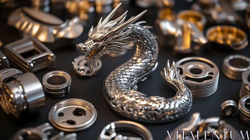 AI ART Silver Dragon Figurine Surrounded by Metal Parts