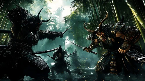 Horned Warriors Clash Swords in Forest