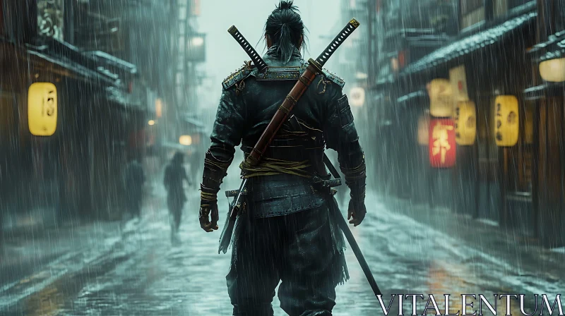 AI ART Warrior in the Rainy Town