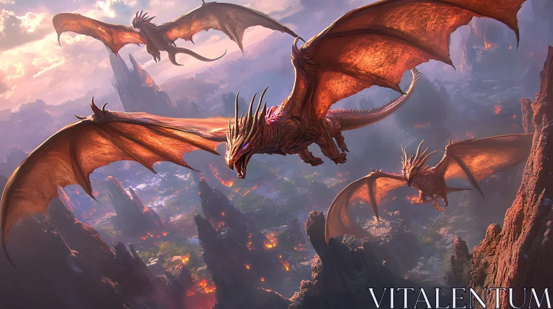 Dragons in Flight Over Jagged Peaks AI Image