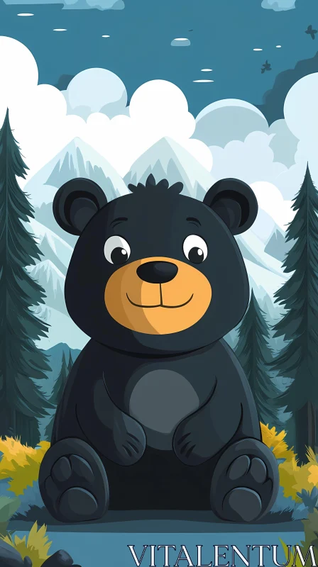 Cute Bear in Forest Illustration AI Image