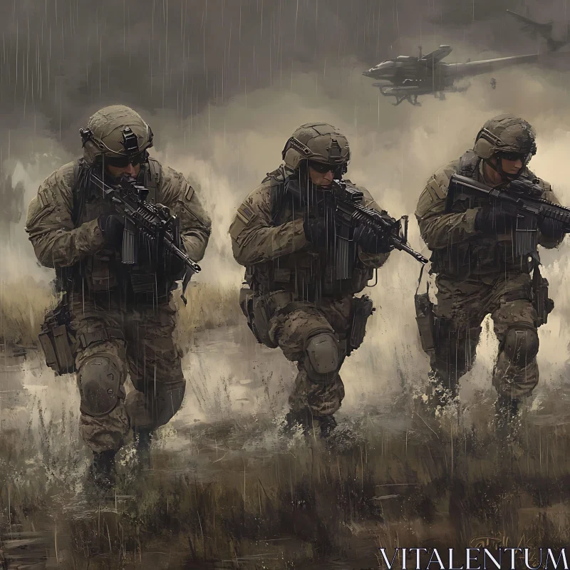 Military Patrol in Rainy Conditions AI Image