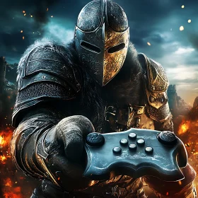 Armored Warrior Holding Game Controller