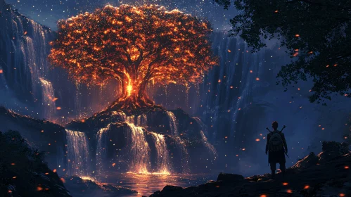 Mystical Night Scene with Glowing Tree