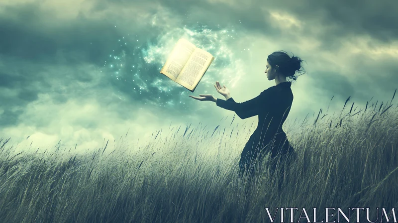 Enchanting Scene: Woman and Magical Book AI Image