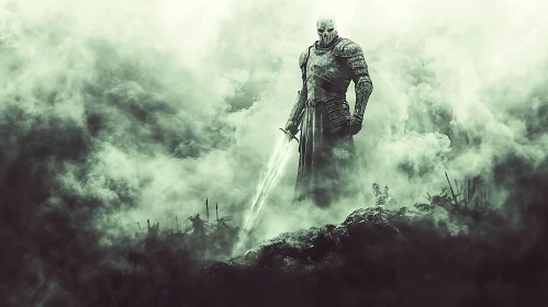 Armored Warrior in Misty Landscape