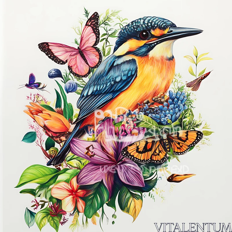 AI ART Floral Kingfisher Bird Illustration