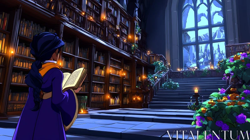 AI ART Girl Reading in Candlelit Library