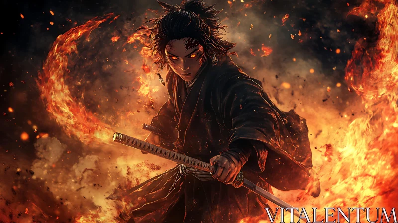 Warrior in Fire Storm Illustration AI Image