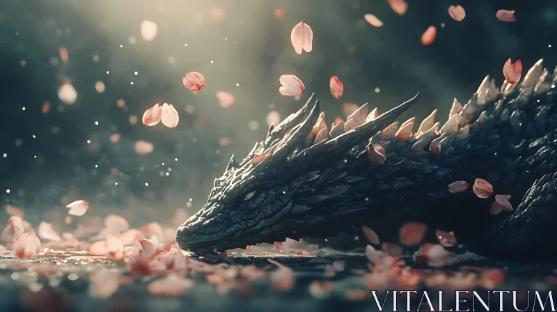 AI ART Resting Dragon with Falling Cherry Blossoms