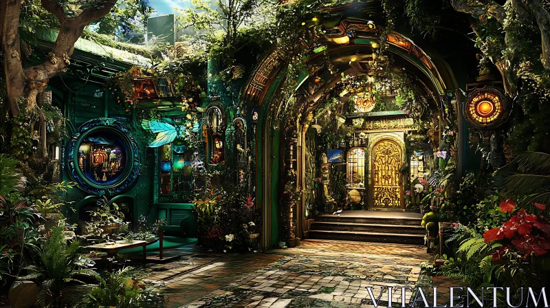 AI ART Greenery-Adorned Building with Butterfly Accent