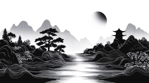 Black and White Asian Landscape