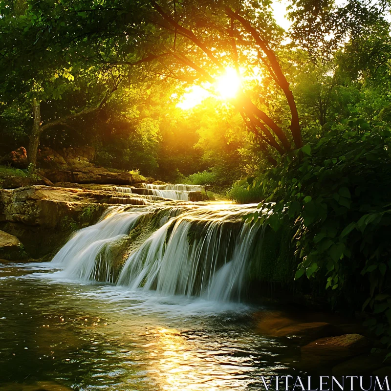 Peaceful Waterfall in Sunlit Forest AI Image