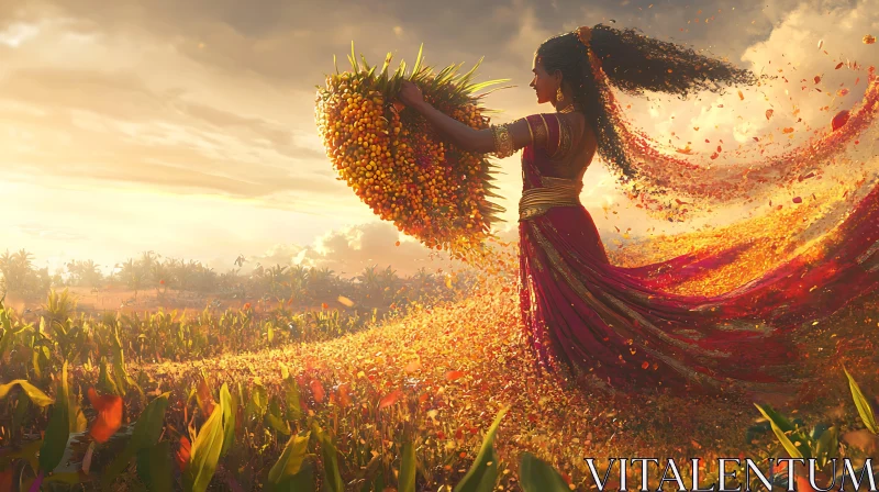 Woman Holding Harvest at Sunset AI Image