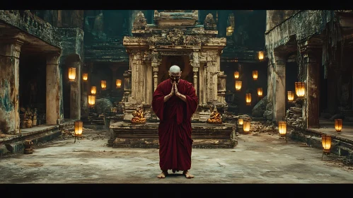 Monk Praying in Old Temple