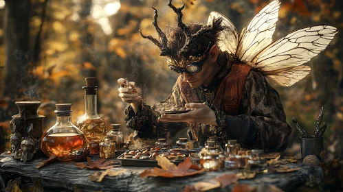 Fairy Alchemist Creating Potions in the Woods