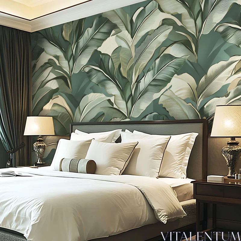 Elegant Bedroom Featuring Tropical Banana Leaf Wallpaper AI Image