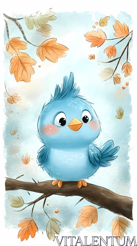 Cute Blue Bird on a Branch with Leaves AI Image