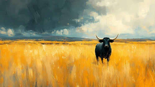 Bull in Golden Grass Landscape