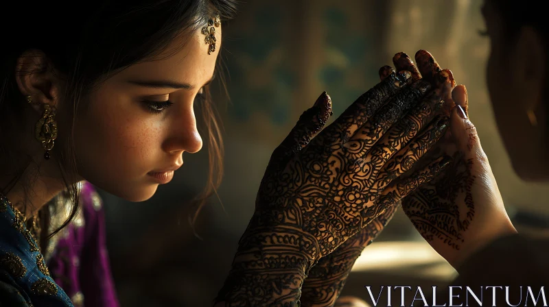 Intricate Henna Art on Young Woman's Hands AI Image