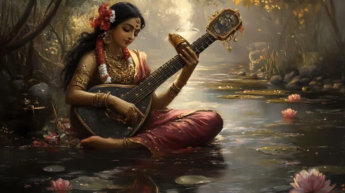 Woman in Water with String Instrument