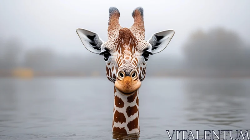 Peaceful Giraffe in Misty Waters AI Image