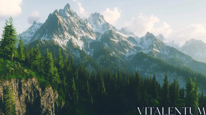 AI ART Breathtaking Snowy Peaks with Verdant Pine Trees