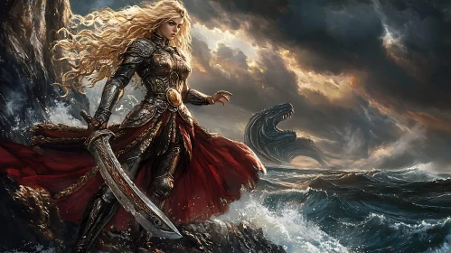 Female Warrior with Sword on Rocky Coast