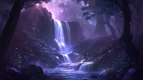 Mystical Forest Waterfall in Purple Hues