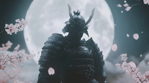 Moonlit Samurai with Cherry Blossoms