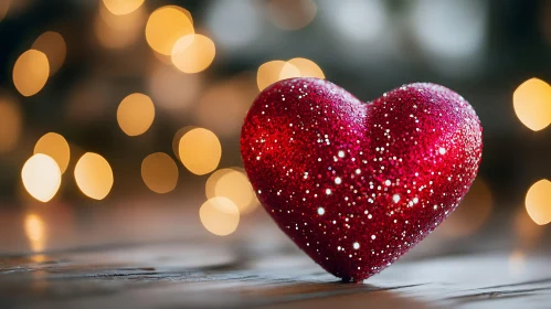 Glittering Heart on Wood with Bokeh Lights