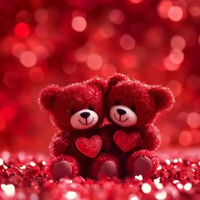 Cuddly Red Bears with Heart Emblems