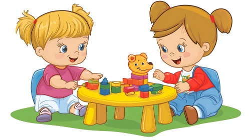 Two Girls Constructing with Toys