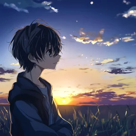 Contemplative Anime Character at Dusk