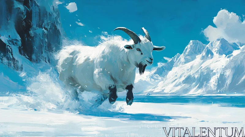 Goat Leaping in Scenic Snowfield AI Image