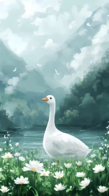 Goose in Daisies Nature Scene