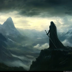 Lone Warrior Overlooking Misty Mountains