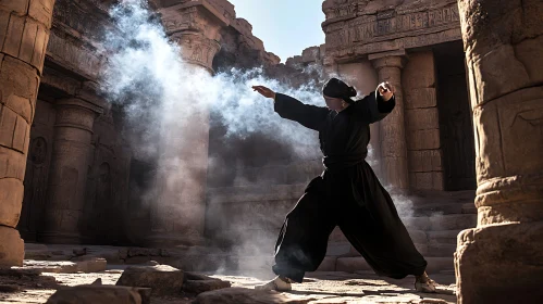 Figure in Black at Ancient Ruins