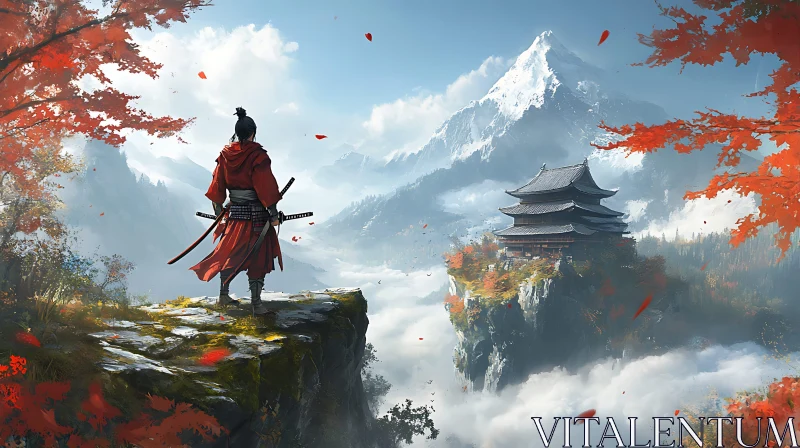 AI ART Warrior Overlooking Distant Temple Scenery