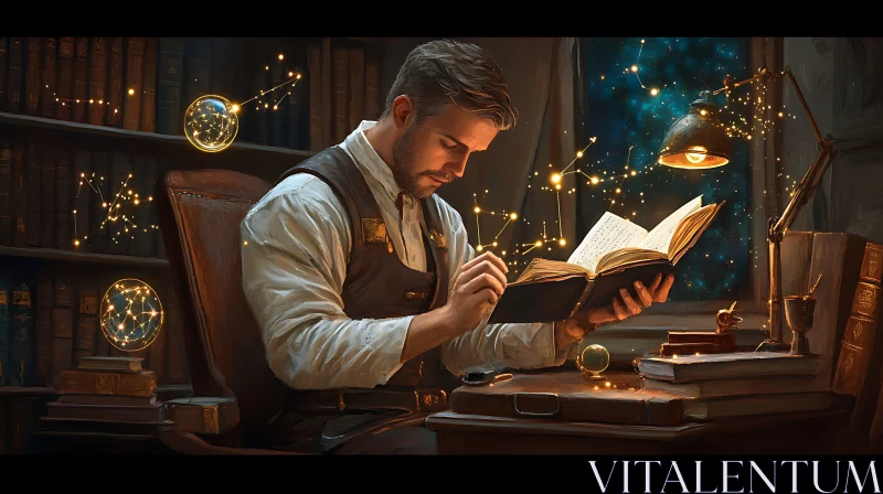 AI ART Man Reading Book Surrounded by Celestial Orbs