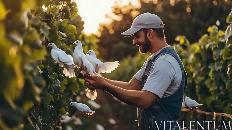 Peaceful Vineyard Scene with Pigeons AI Image