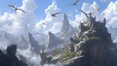 Dragon's Flight Above Ancient Fortress