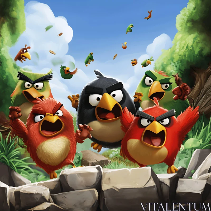 Cartoon Angry Birds Characters Group Together AI Image