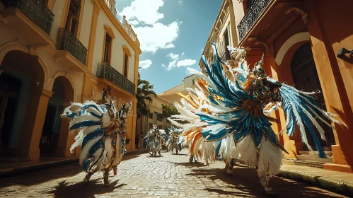 Colorful Street Parade with Feathered Costumes